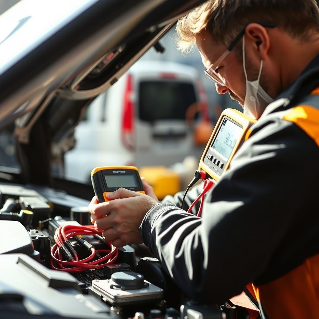 A close-up view of an engineer inspecting electronic wiring inside a vehicle dashboard.