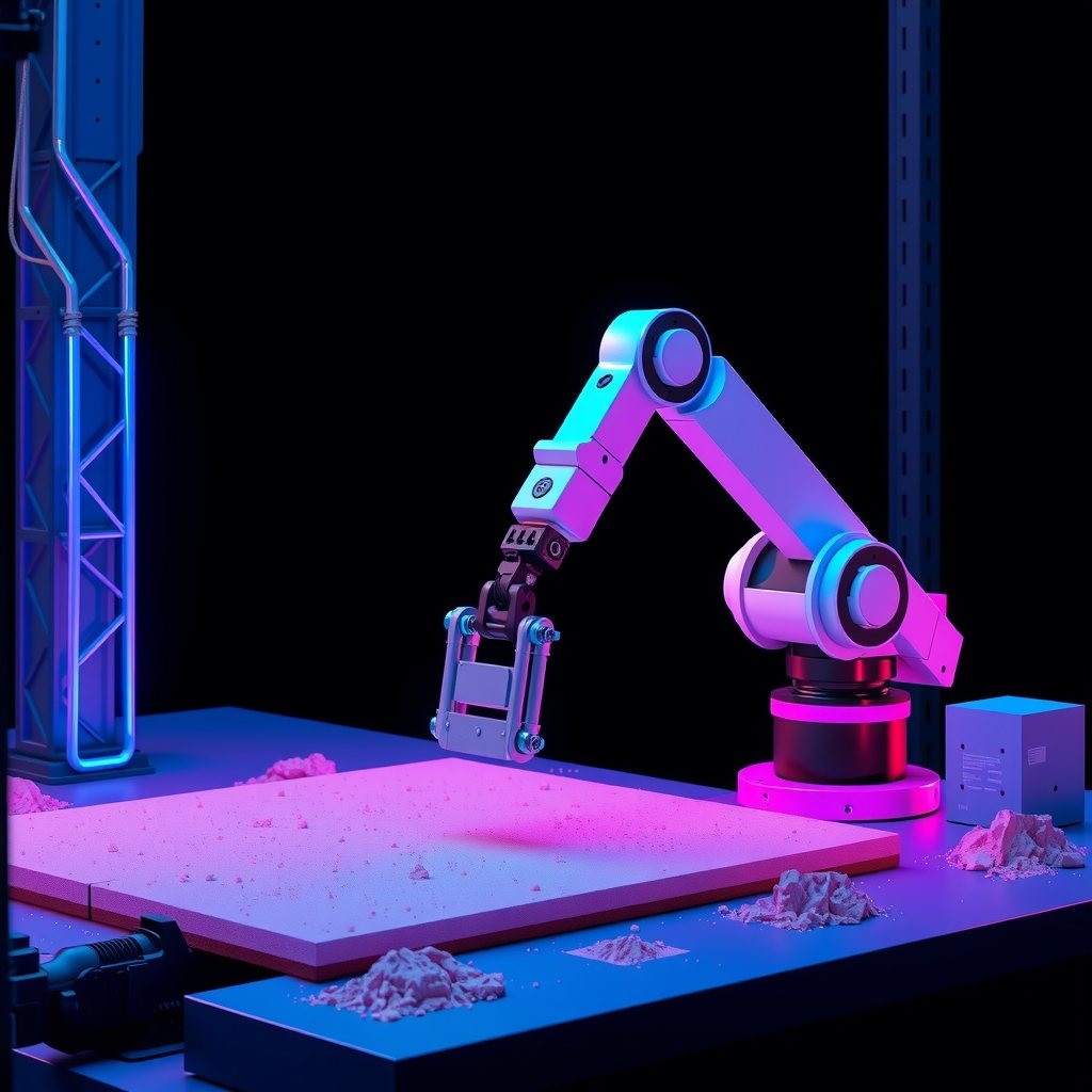 A mechanical robotic arm methodically extruding layers of grey cement to form a curved wall.