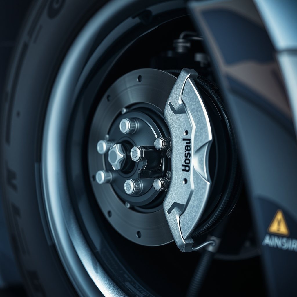 A realistic cutaway diagram of a car wheel hub detailing the wheel speed sensor, rotor disc, hydraulic lines, and brake caliper assembly.