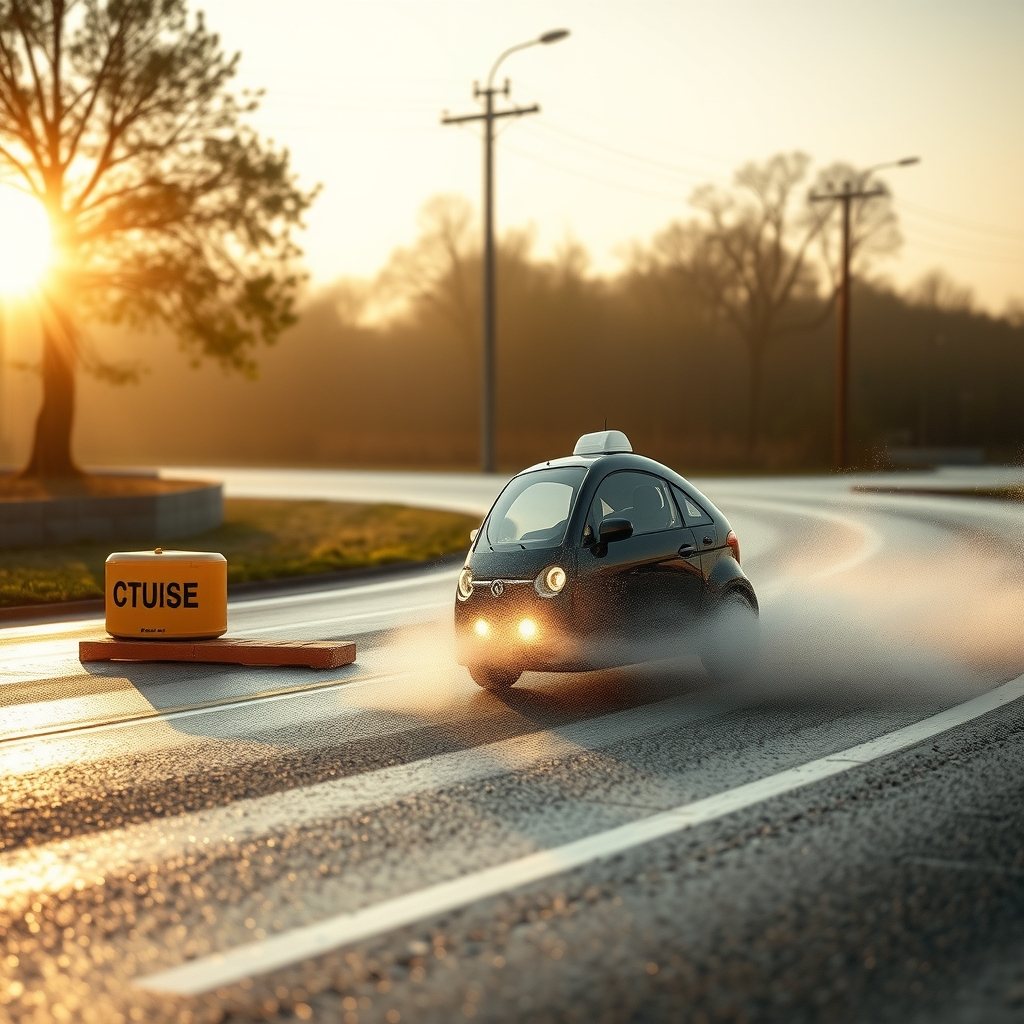 An overhead vector-style illustration of a vehicle steering around a roadside obstacle on a wet roadway while braking.