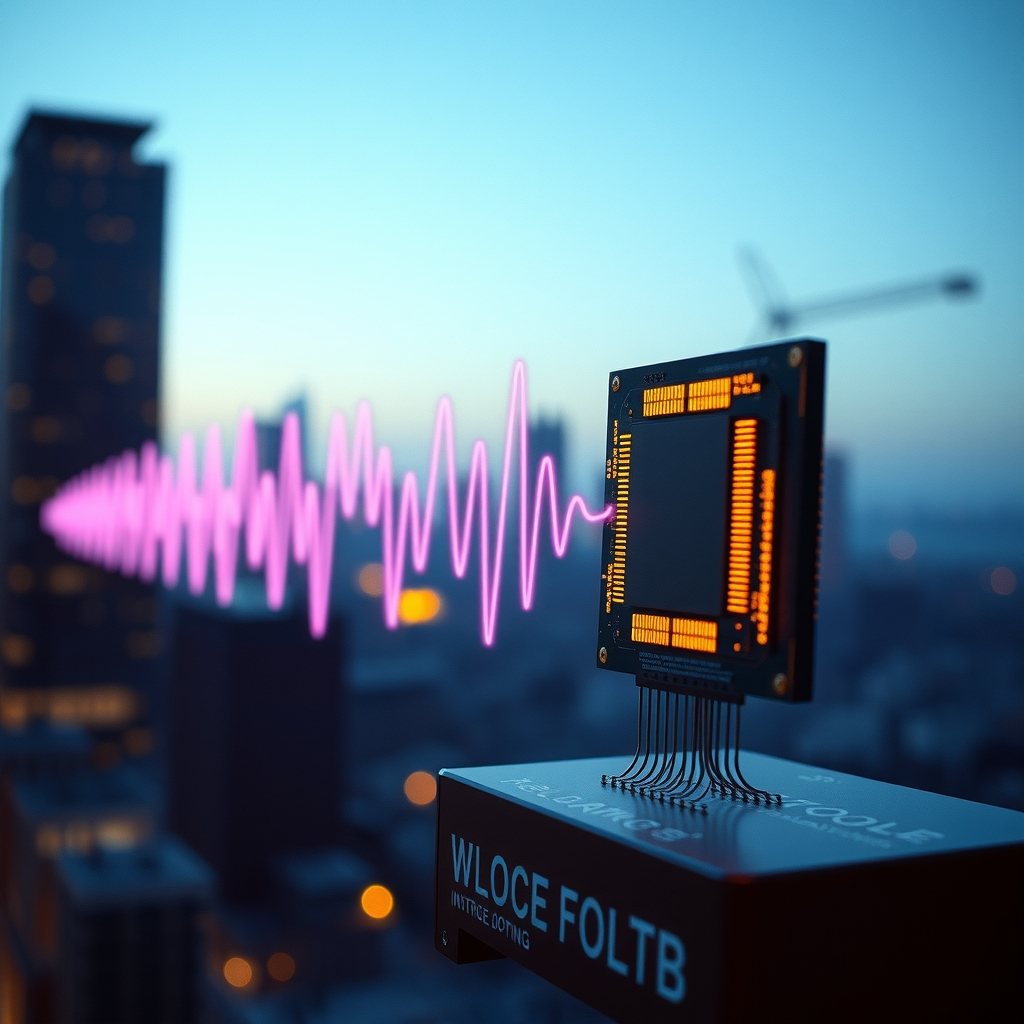 A sleek conceptual illustration of a microchip with glowing pathways emitting an inverse wave graph.