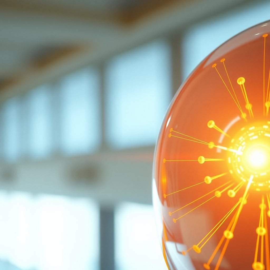 A glowing photon of light striking the surface of a blue silicon wafer.