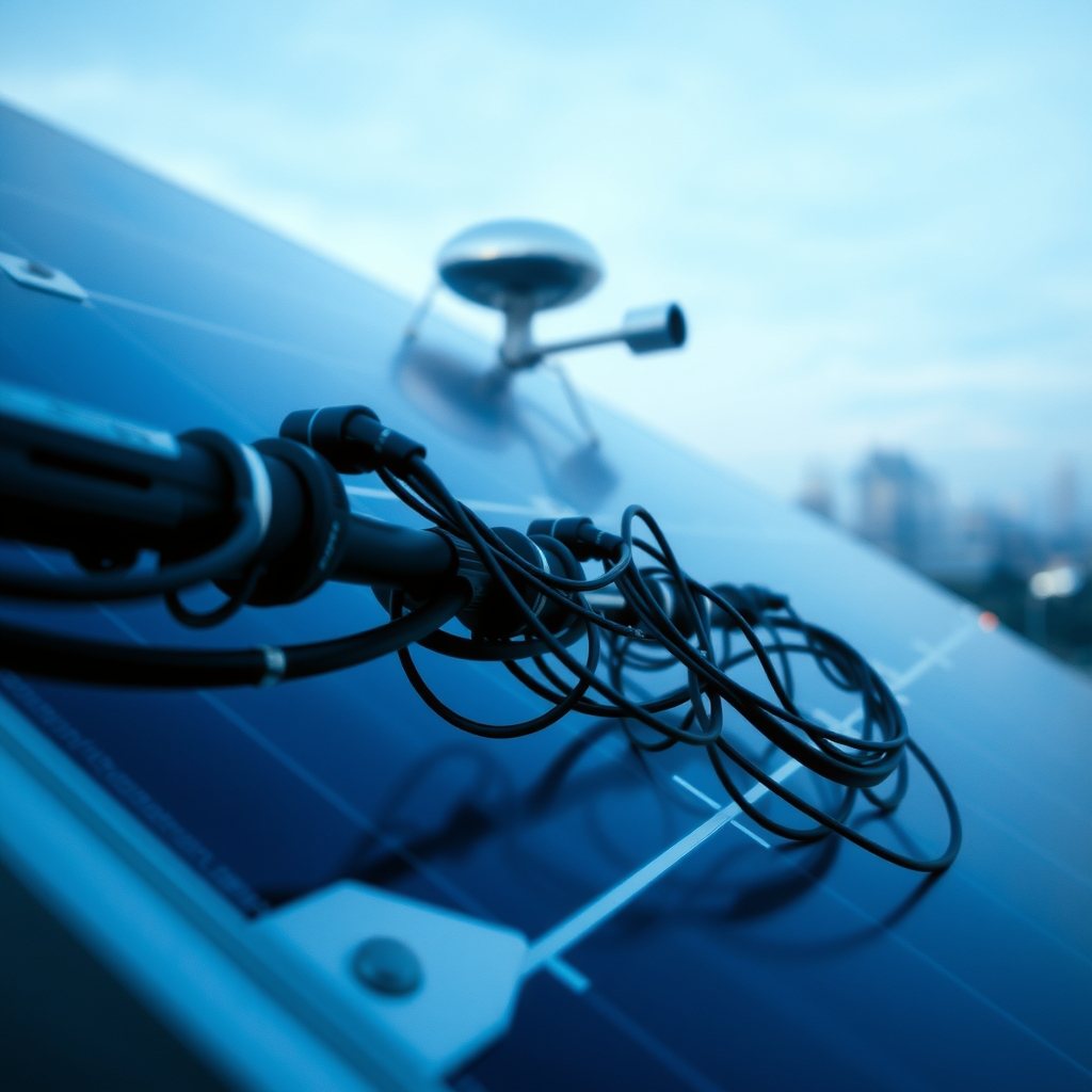 Close-up of silver busbars and soldered ribbon wiring on the back of a solar panel.
