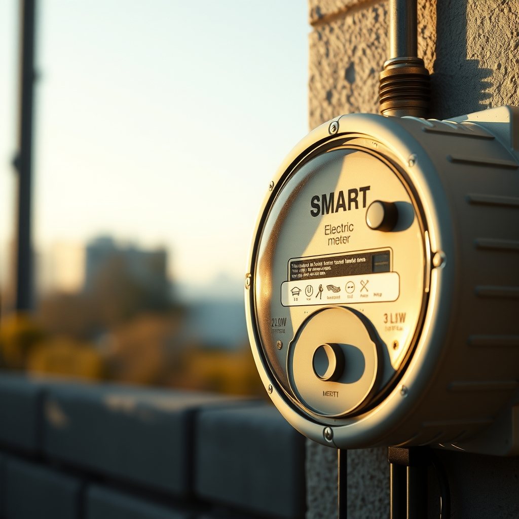 A digital electricity meter recording power flow between a house and the utility grid.