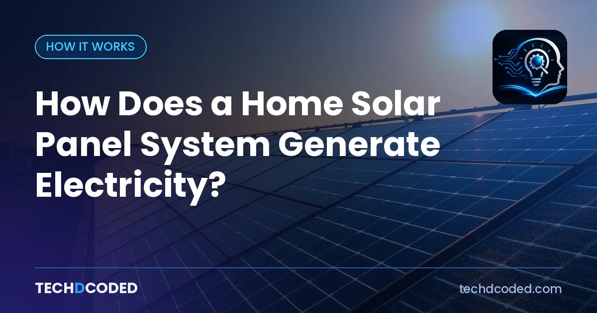Rooftop array of dark blue photovoltaic solar panels glowing under a bright sunny sky.