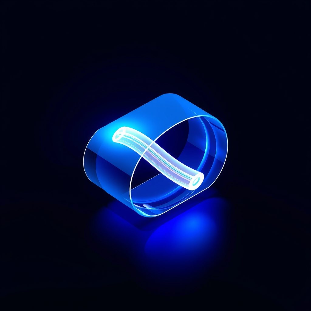 A glowing green digital light path refracting inside a transparent eyewear lens.