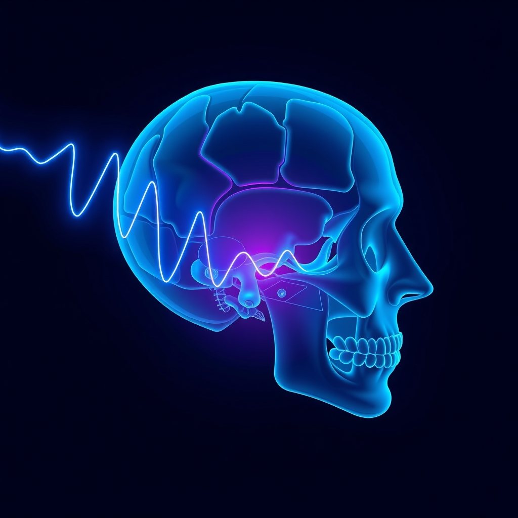 Minimalist illustration showing sound waves bypassing the outer ear through cranial bone pathways.