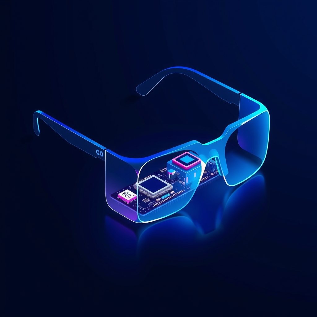 A tiny sensor chip glowing with motion tracking axes lines against a dark background.