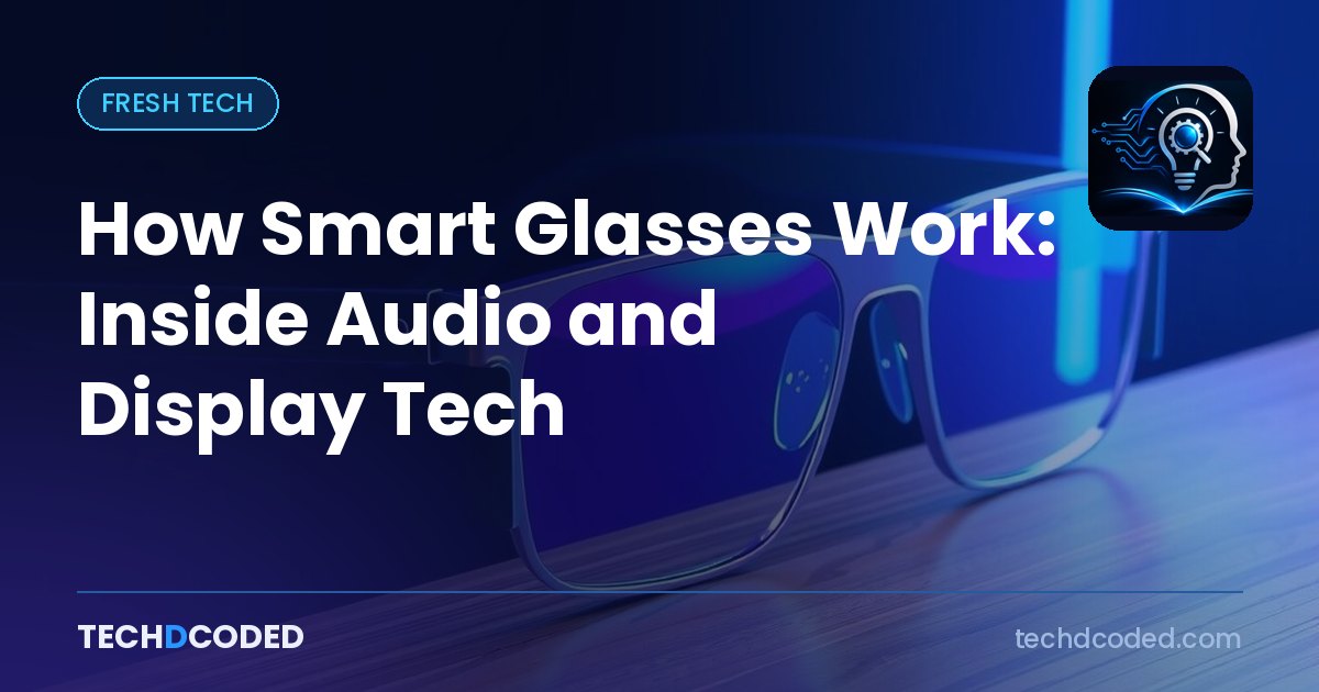 A sleek pair of modern smart glasses resting on a wooden table, showing transparent lenses and slightly thicker temple arms housing micro-electronics.