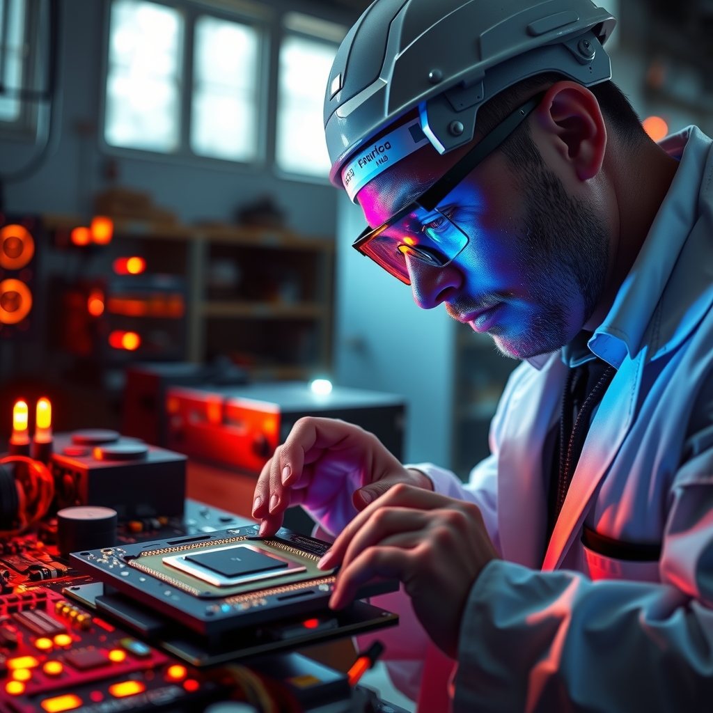 Cleanroom technician in a white bunny suit examining a silicon wafer under a microscope.