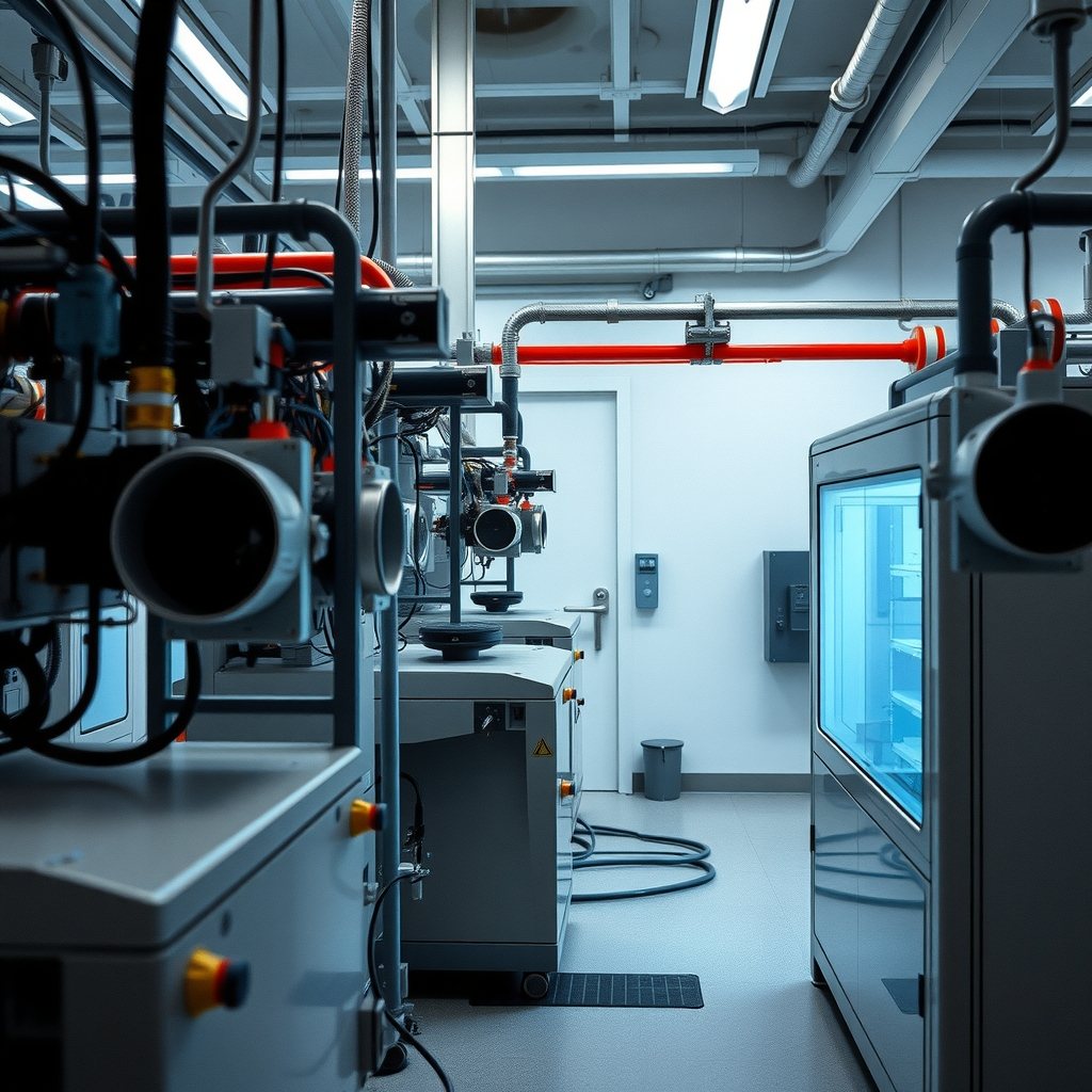High-powered industrial laser system operating inside a specialized physics laboratory.