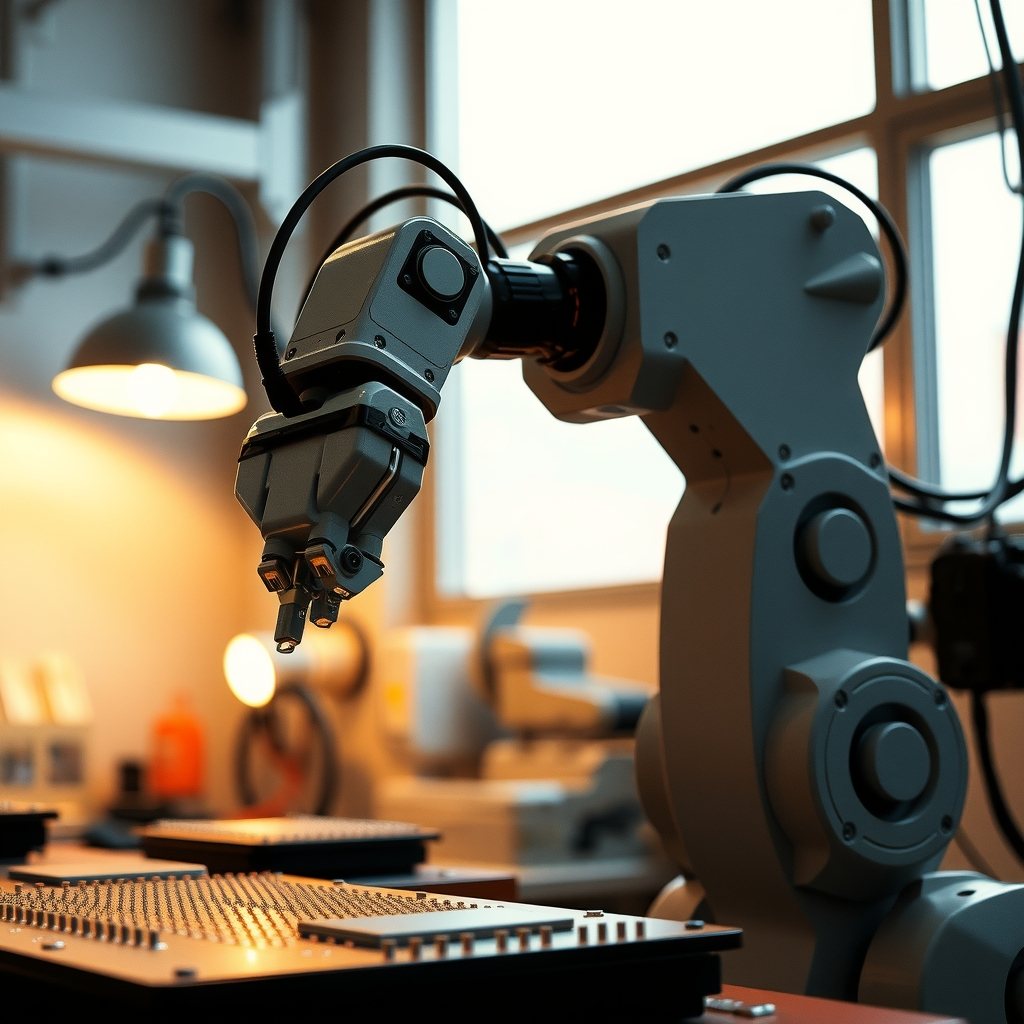 Robotic wafer handling arm transferring a silicon disc inside a secure cleanroom enclosure.
