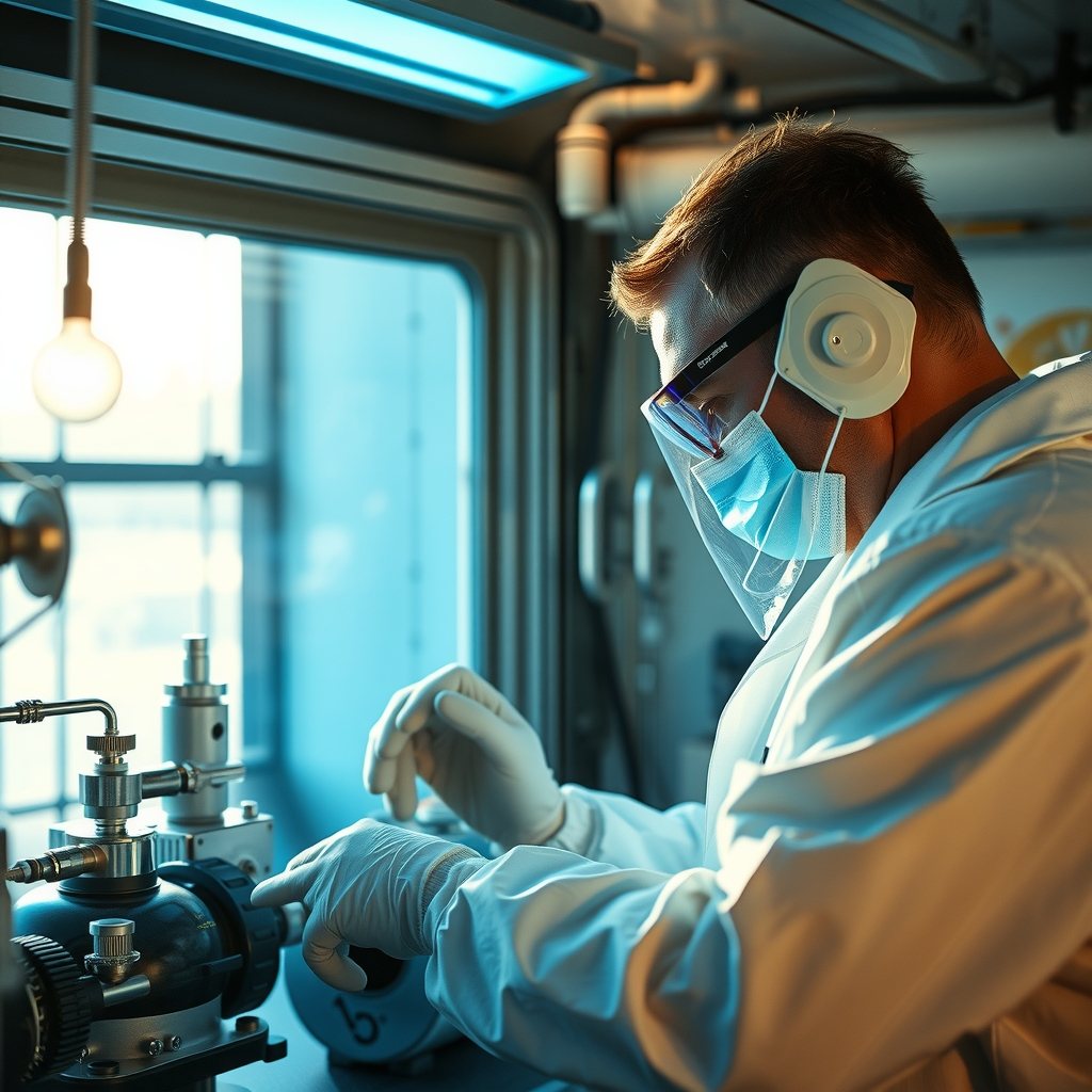 Research scientist adjusting high-vacuum chamber valves in an advanced physics lab.